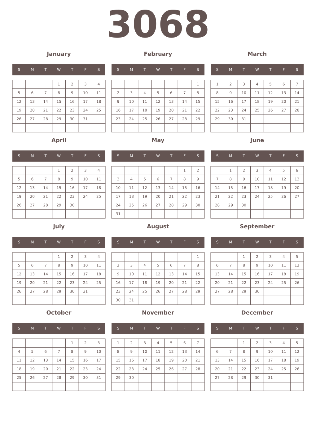 Printable 3068 Year Calendars wenge
