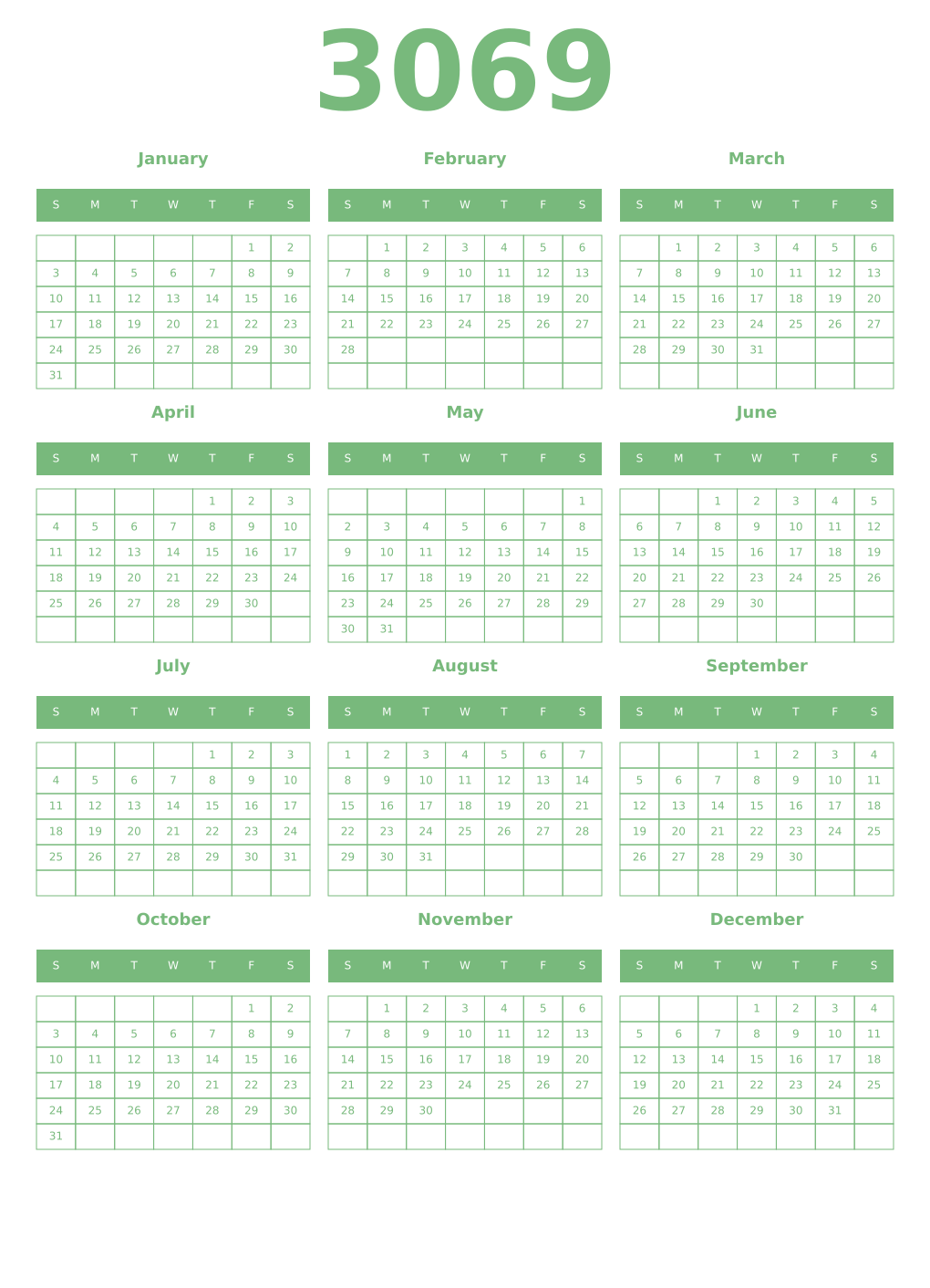 Printable 3069 Year Calendars celadon