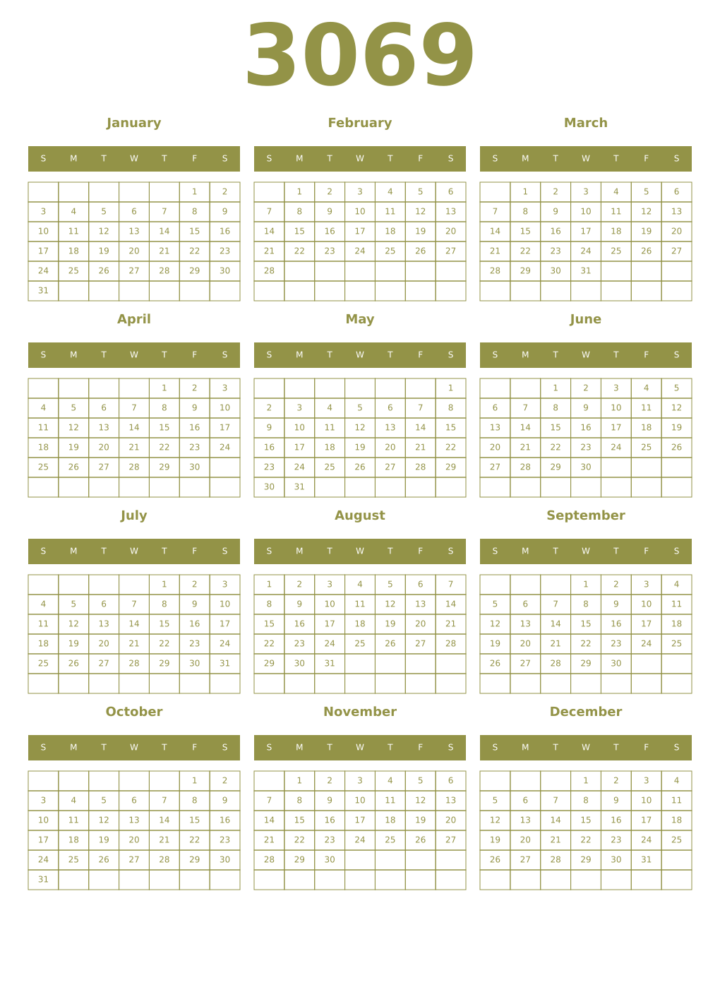 Printable 3069 Year Calendars eburnean