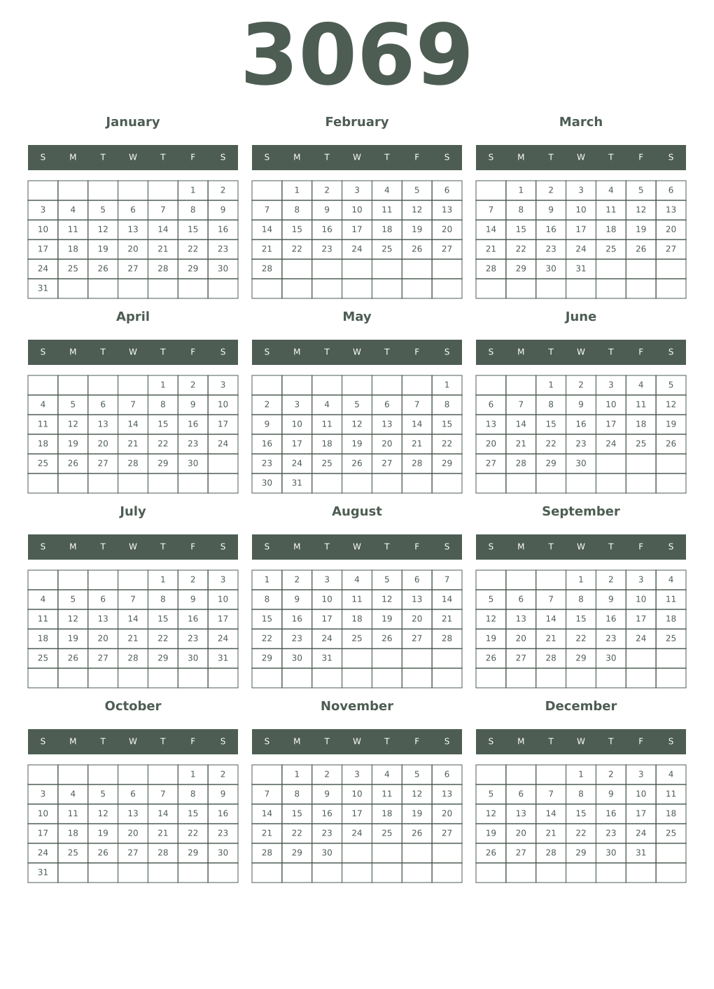 Printable 3069 Year Calendars feldgrau