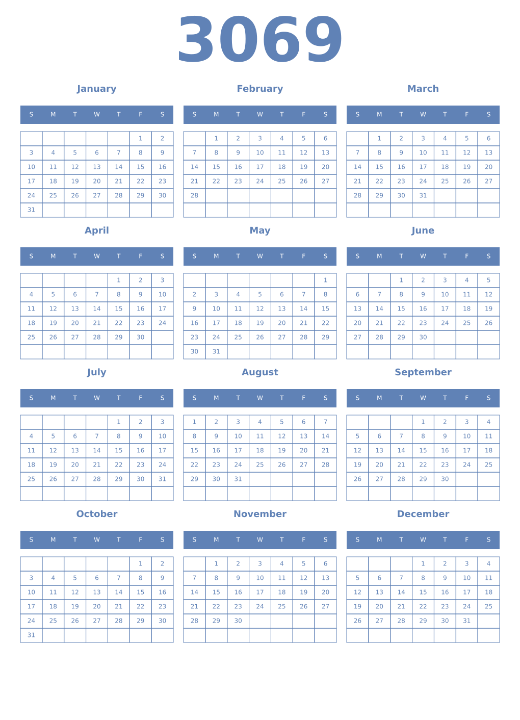 Printable 3069 Year Calendars glaucous