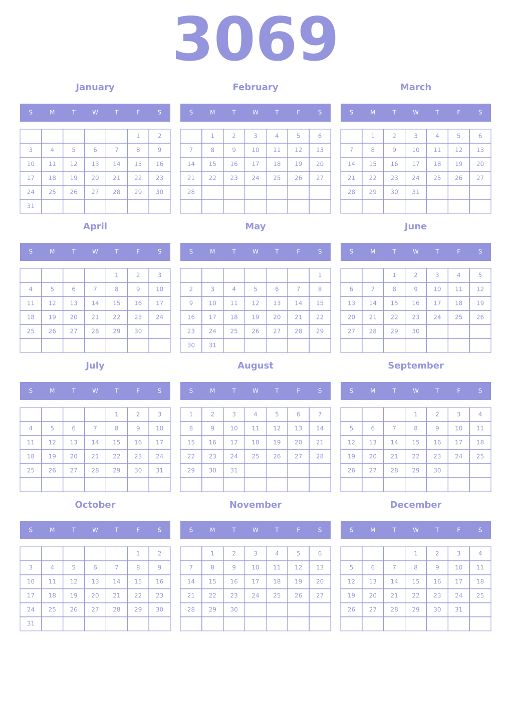 Printable 3069 Year Calendars periwinkle