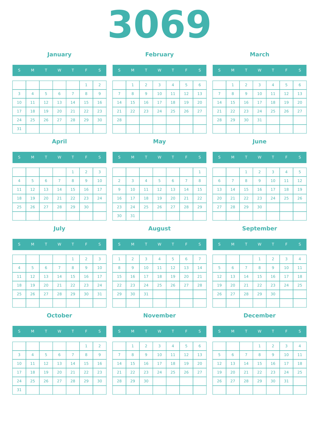 Printable 3069 Year Calendars verdigris