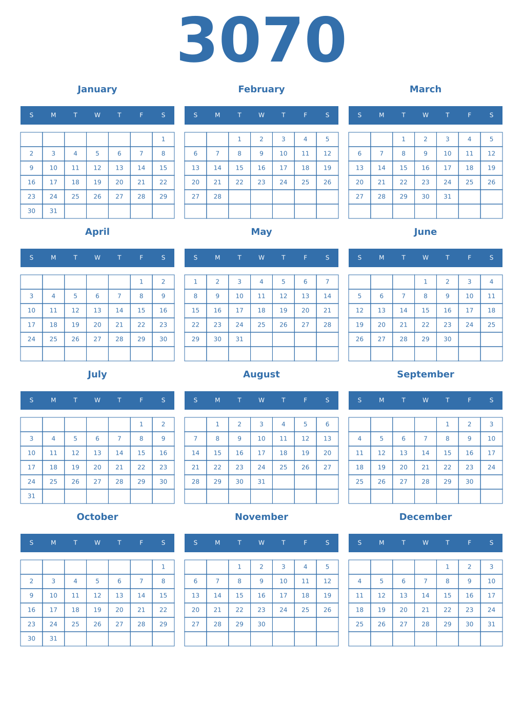Printable 3070 Year Calendars blue
