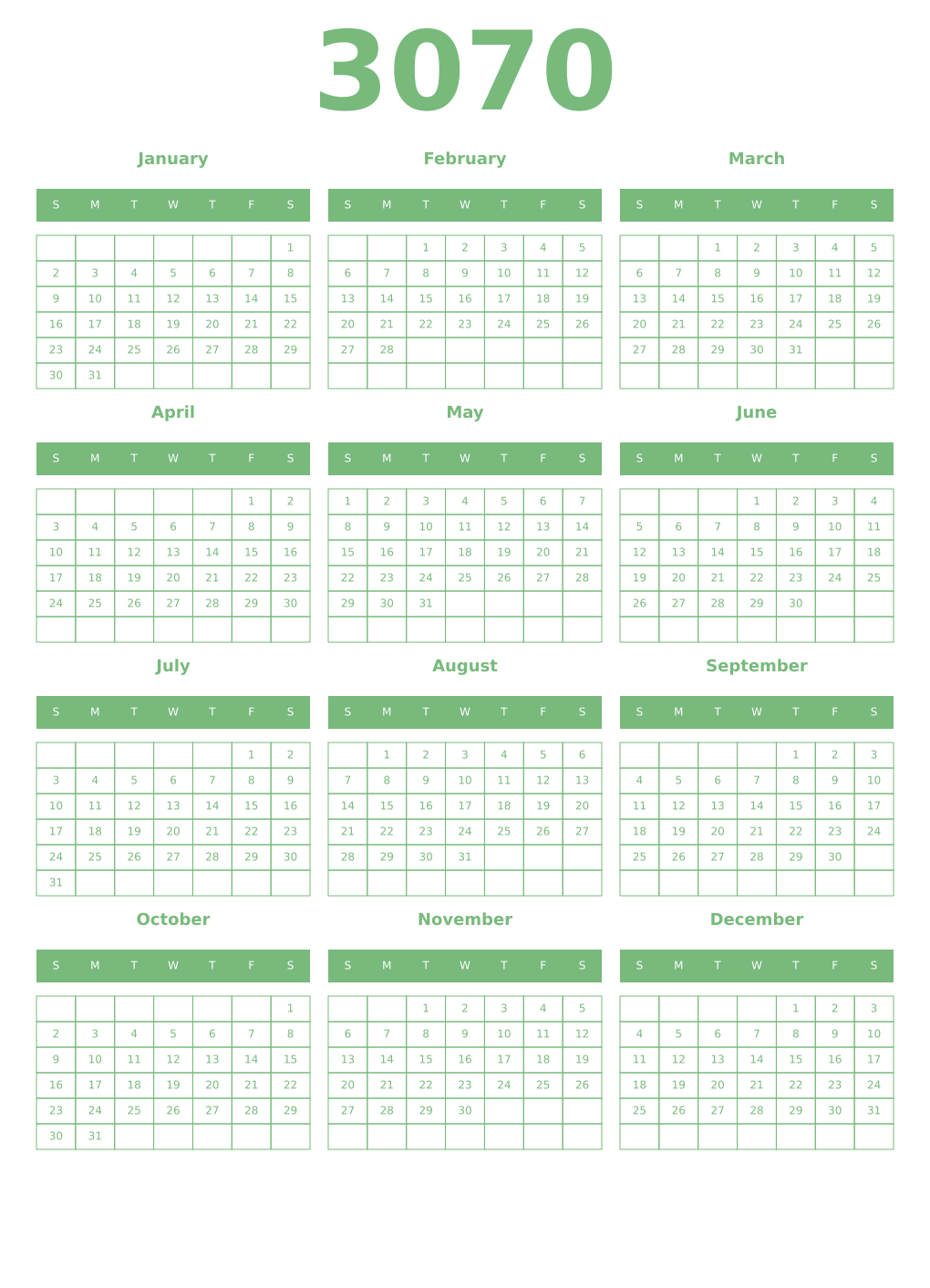 Printable 3070 Year Calendars celadon