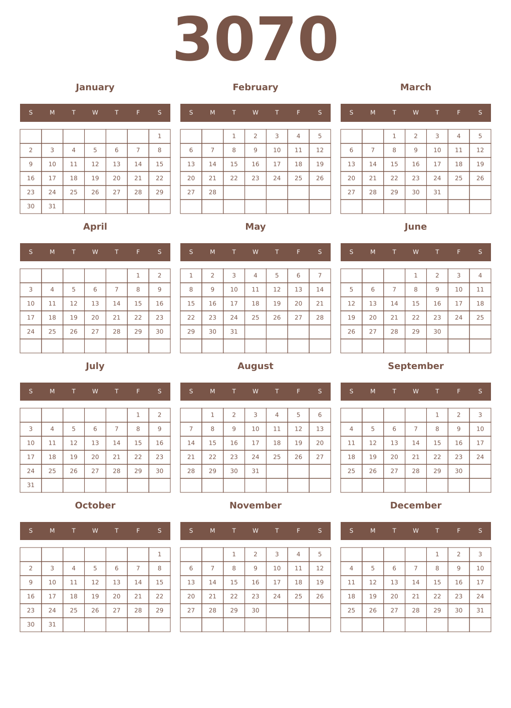 Printable 3070 Year Calendars coffe