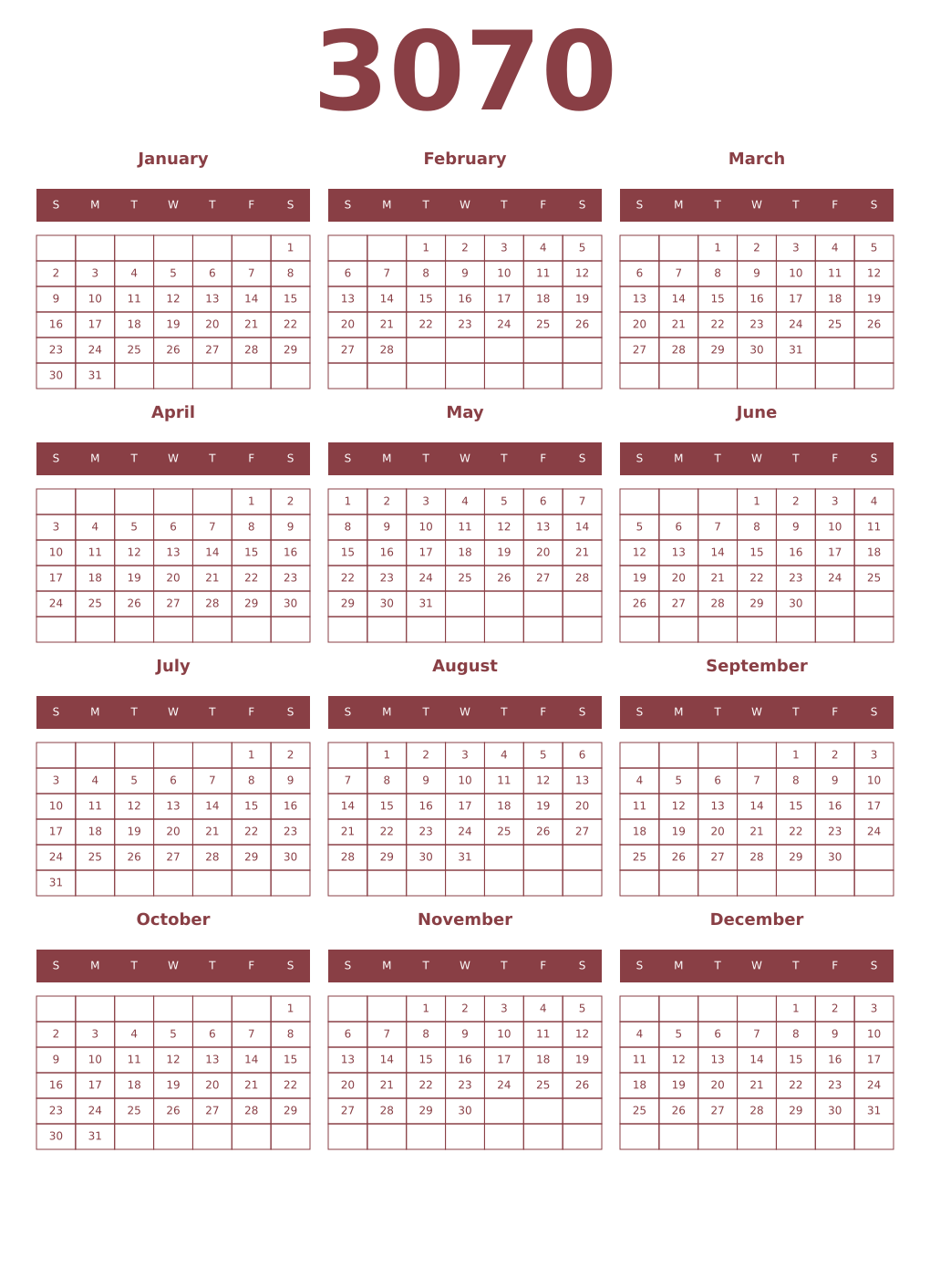 Printable 3070 Year Calendars cordovan