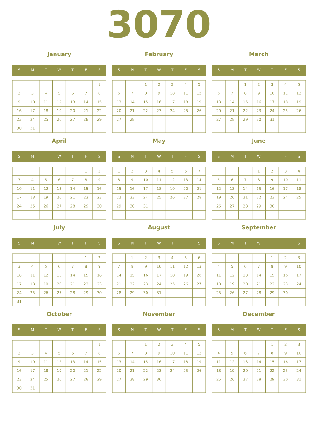 Printable 3070 Year Calendars eburnean