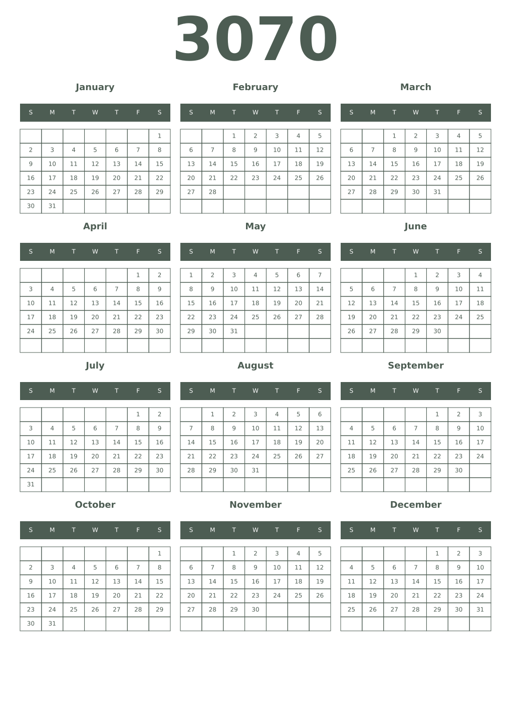 Printable 3070 Year Calendars feldgrau