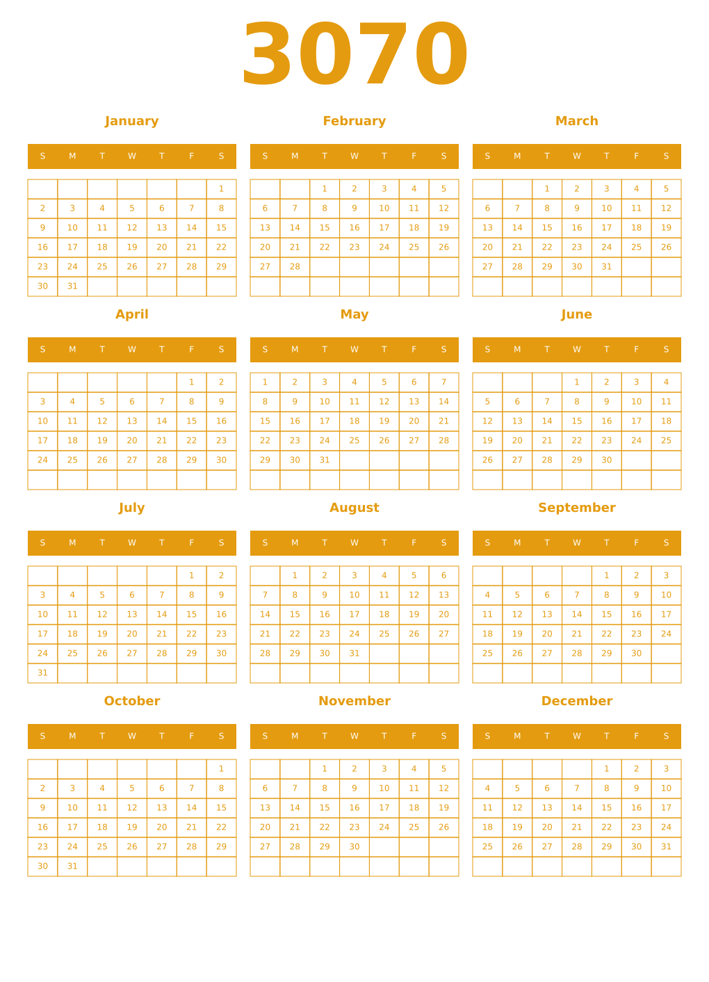 Printable 3070 Year Calendars gamboge