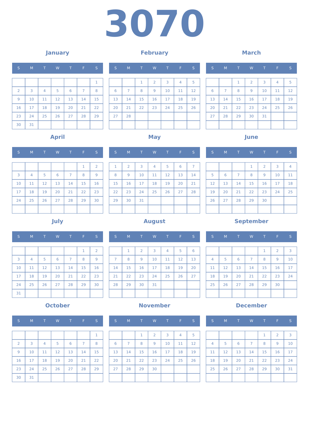 Printable 3070 Year Calendars glaucous