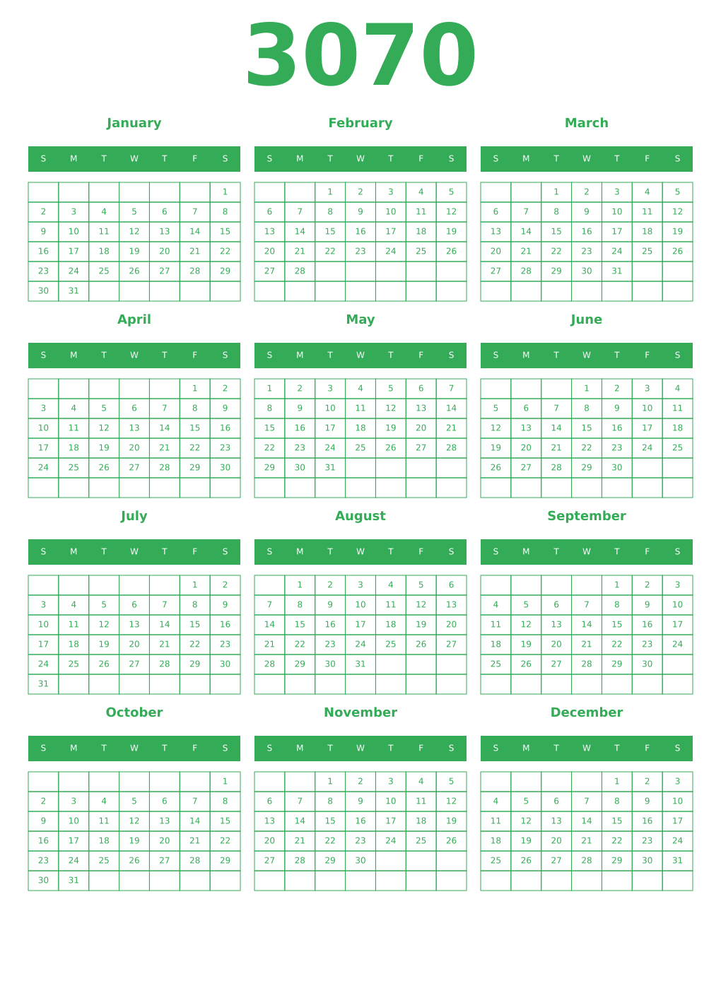 Printable 3070 Year Calendars green