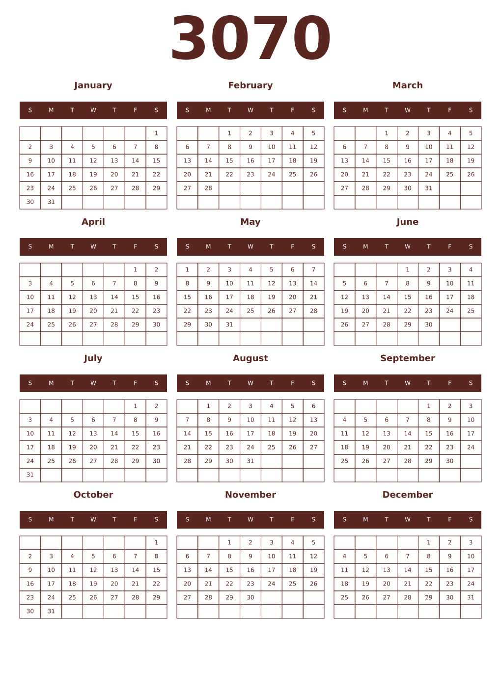 Printable 3070 Year Calendars mortuum