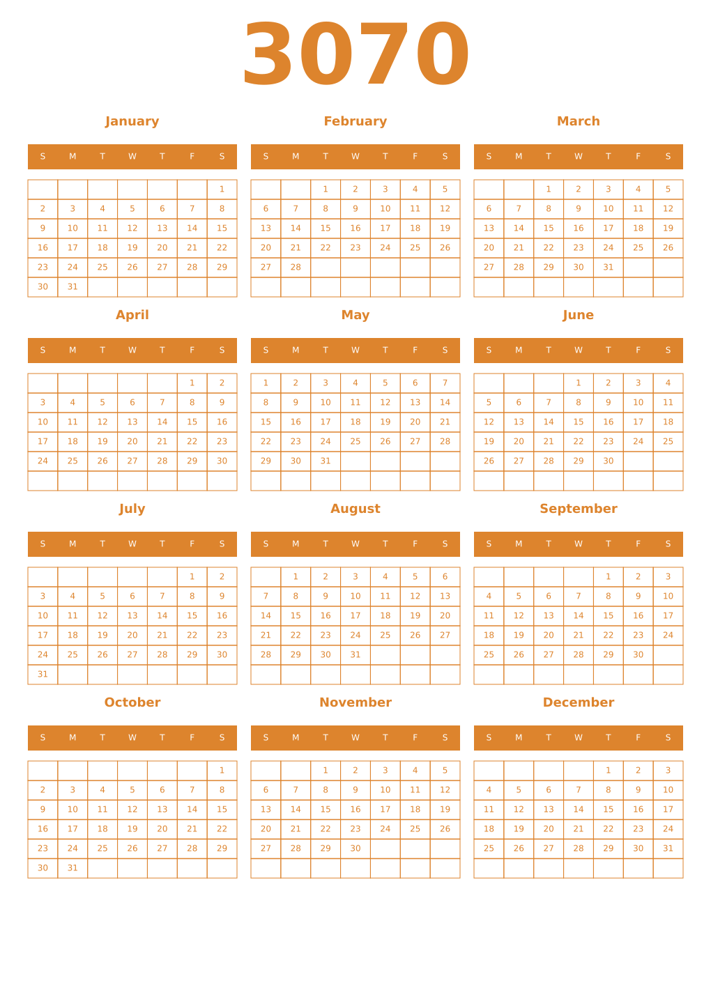 Printable 3070 Year Calendars orange