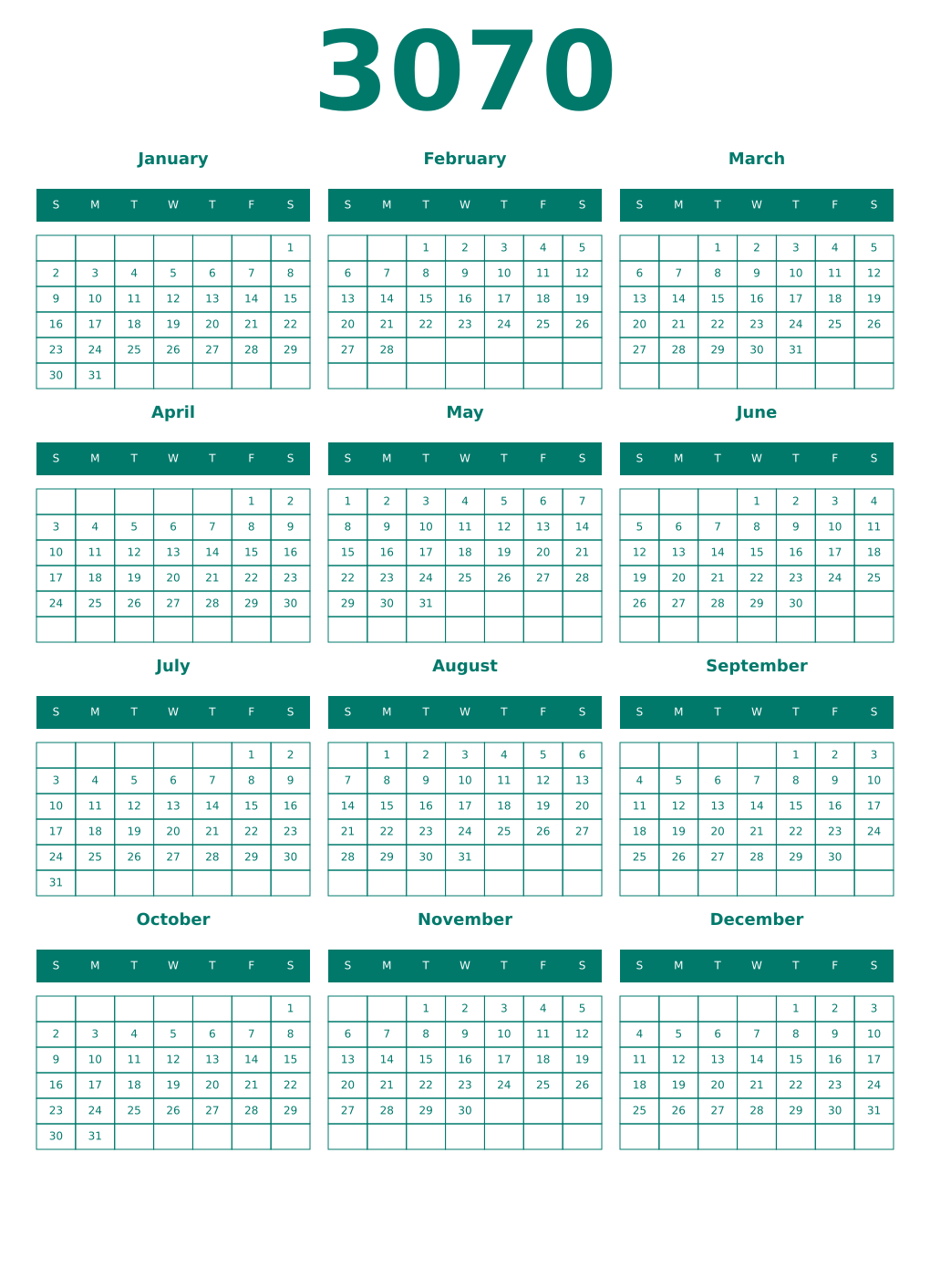 Printable 3070 Year Calendars pastel