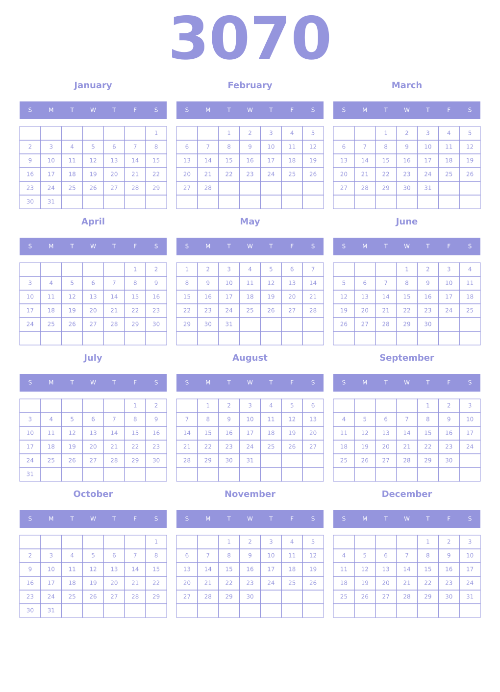 Printable 3070 Year Calendars periwinkle