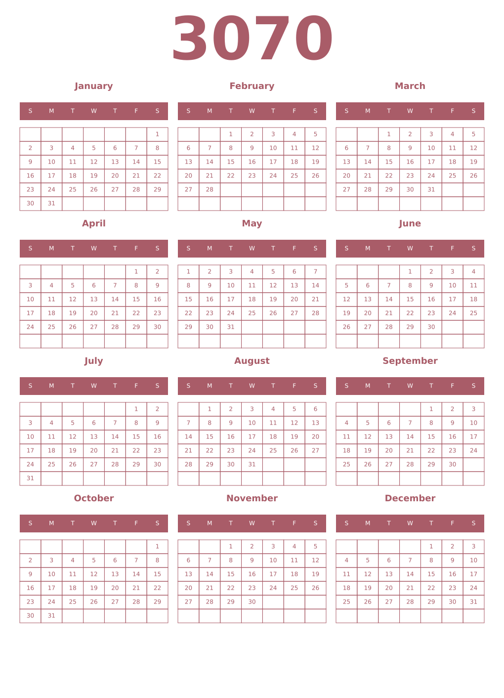 Printable 3070 Year Calendars puce