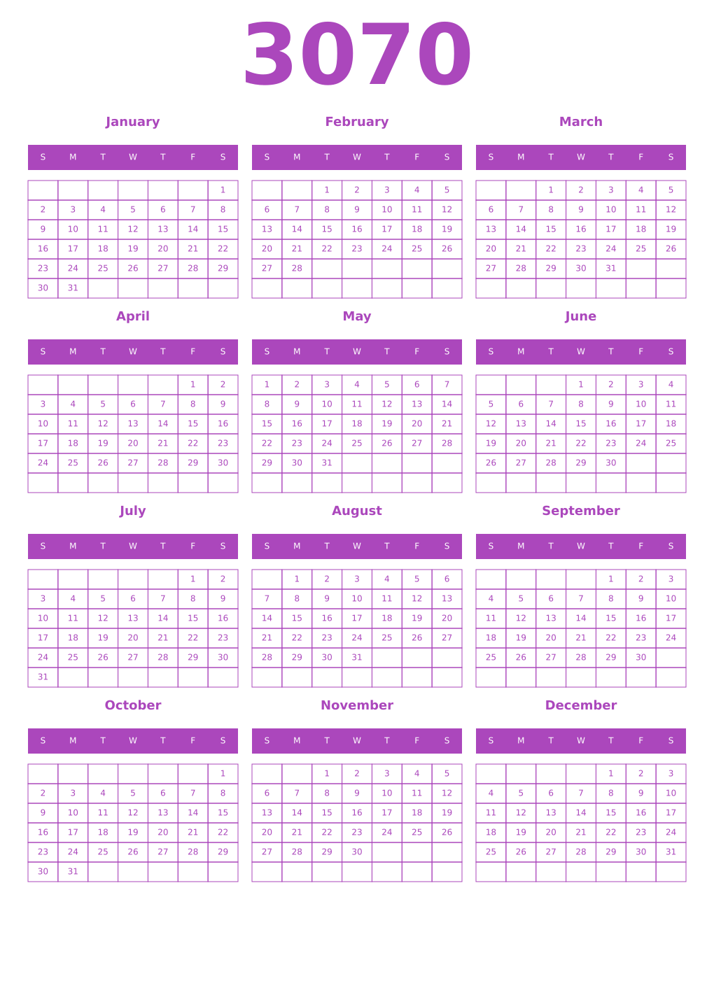 Printable 3070 Year Calendars purple