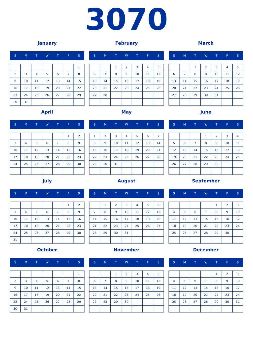 Printable 3070 Year Calendars smalt