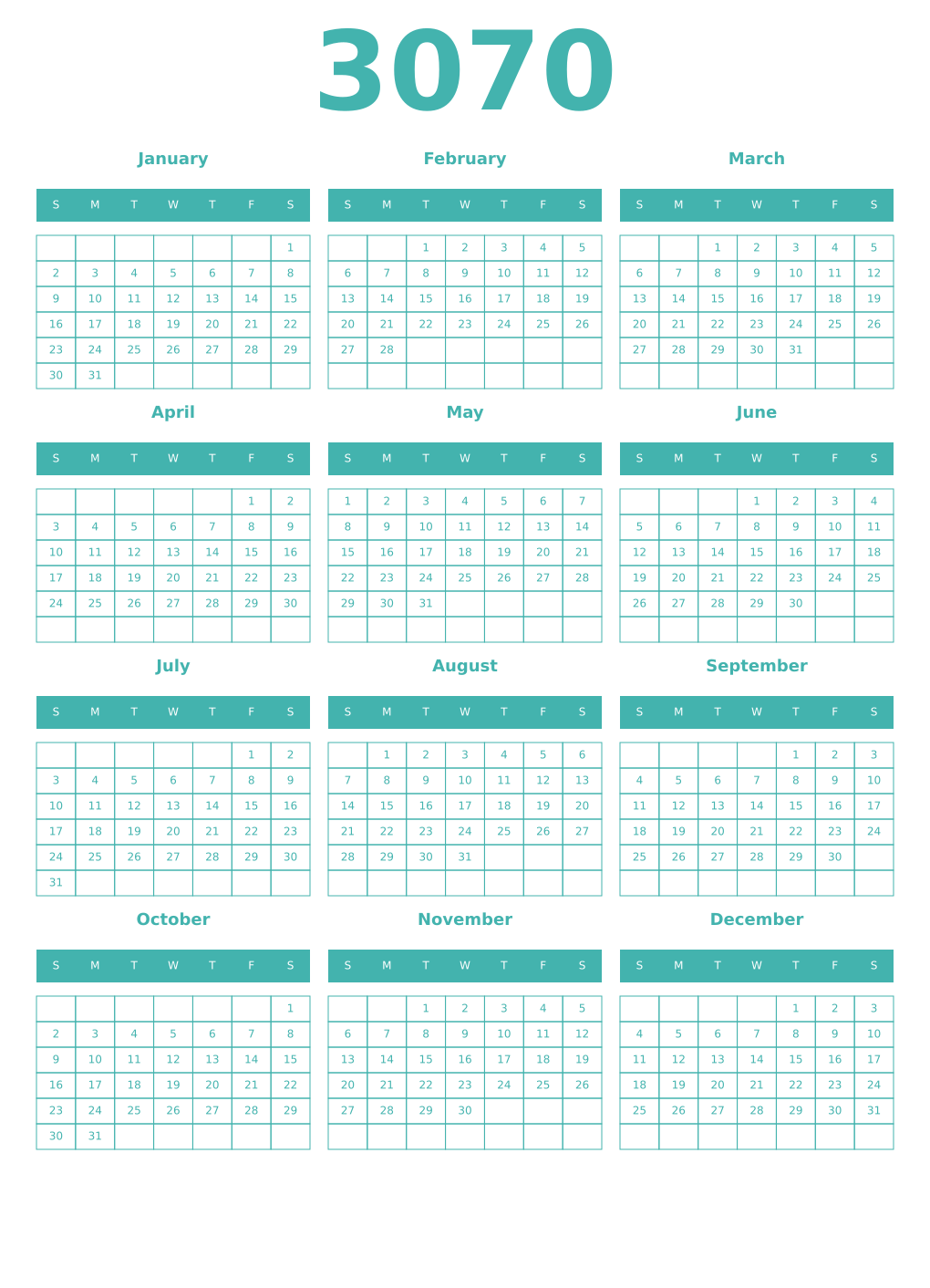 Printable 3070 Year Calendars verdigris