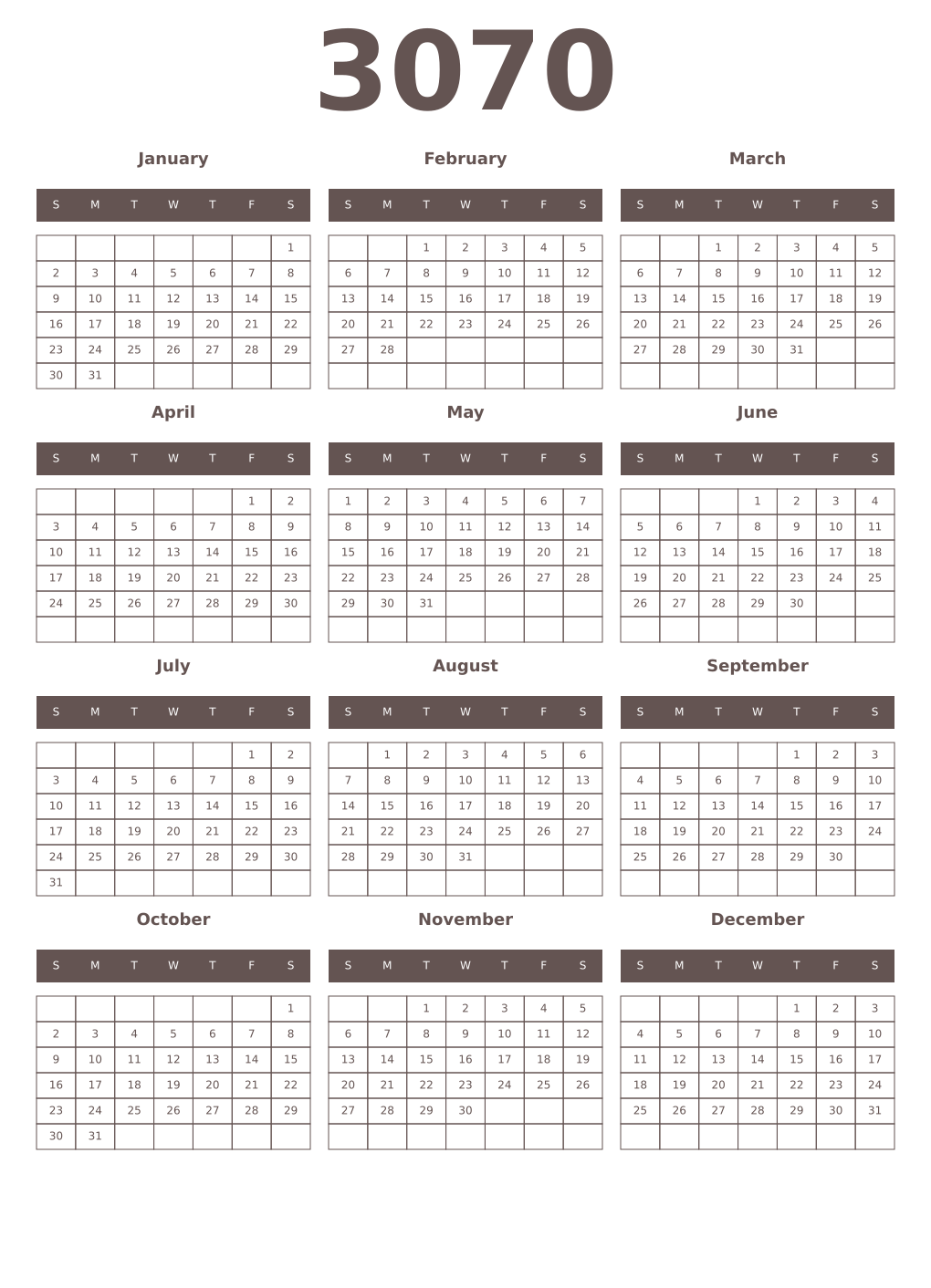 Printable 3070 Year Calendars wenge