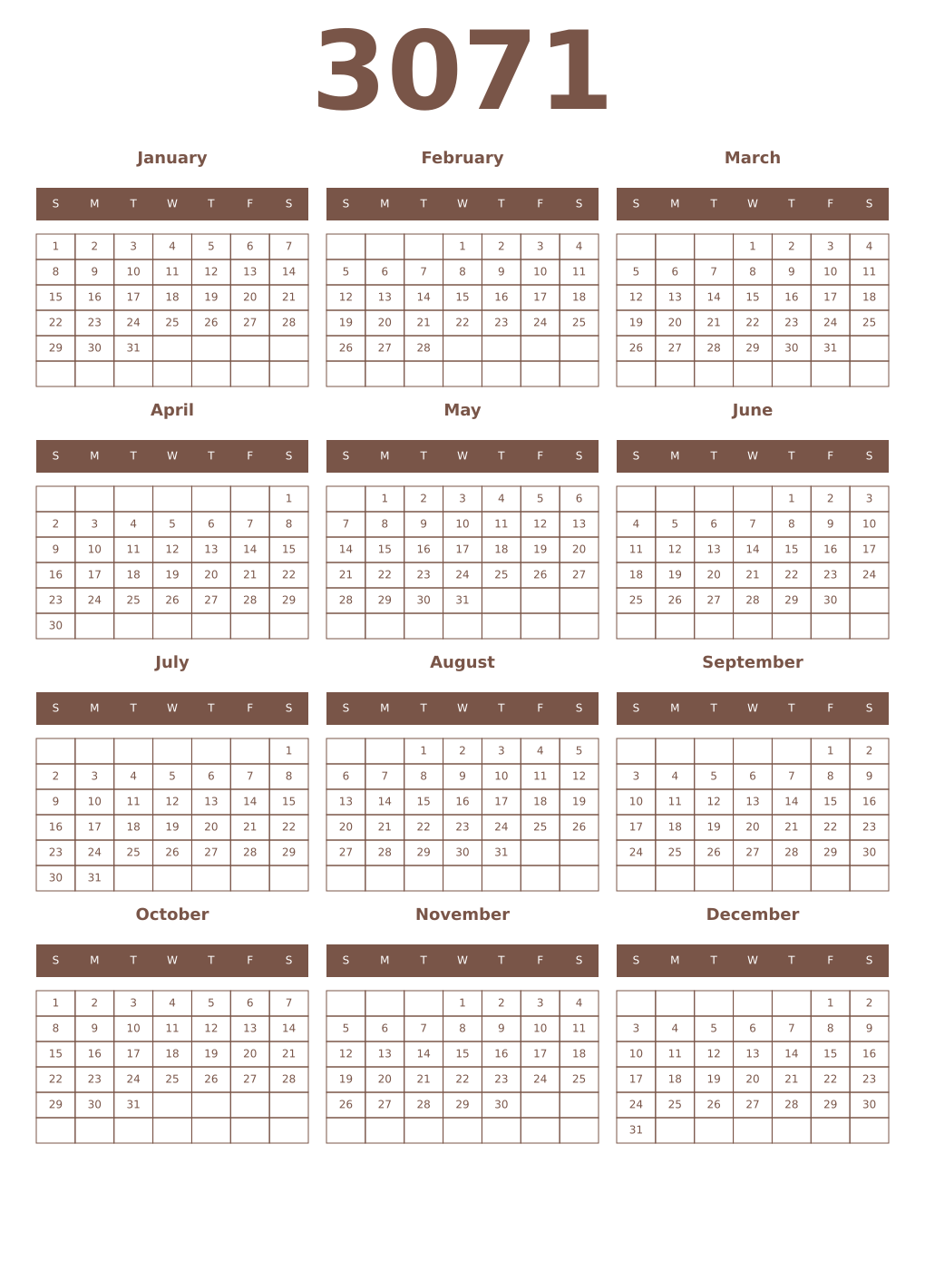 Printable 3071 Year Calendars coffe