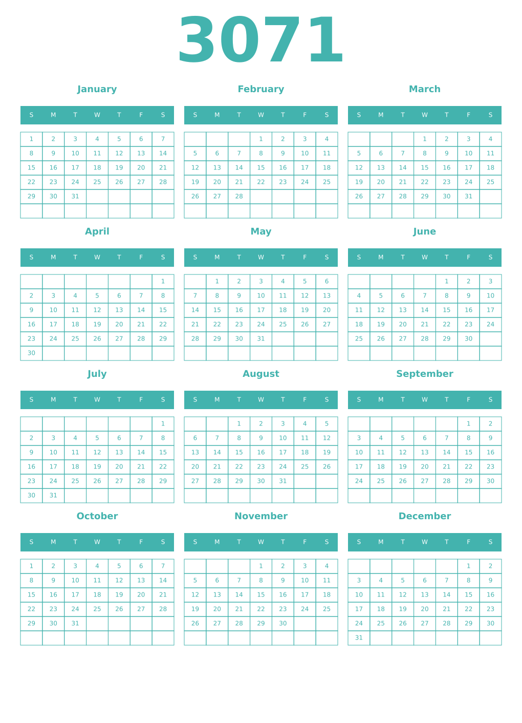 Printable 3071 Year Calendars verdigris