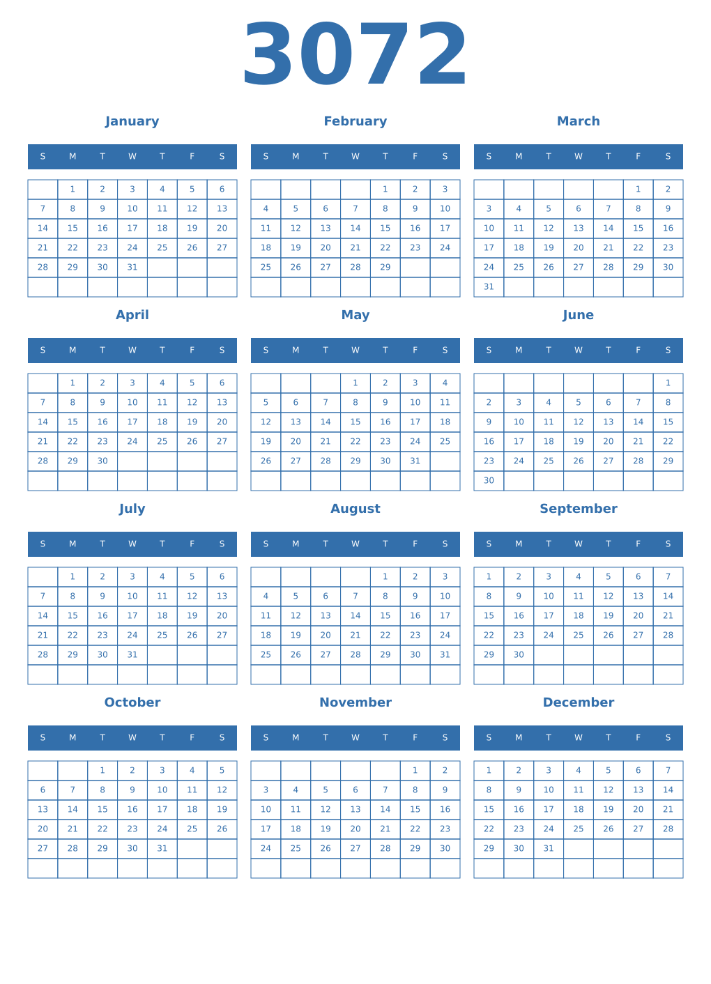 Printable 3072 Year Calendars blue