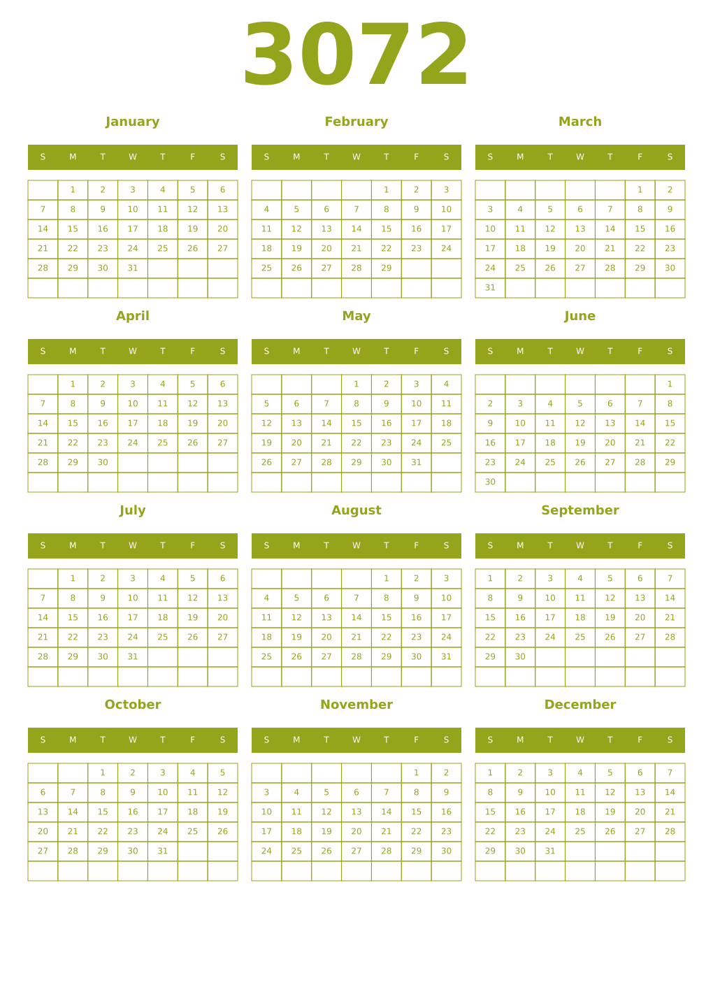 Printable 3072 Year Calendars chartreuse