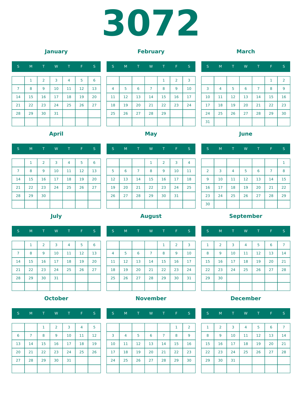 Printable 3072 Year Calendars pastel