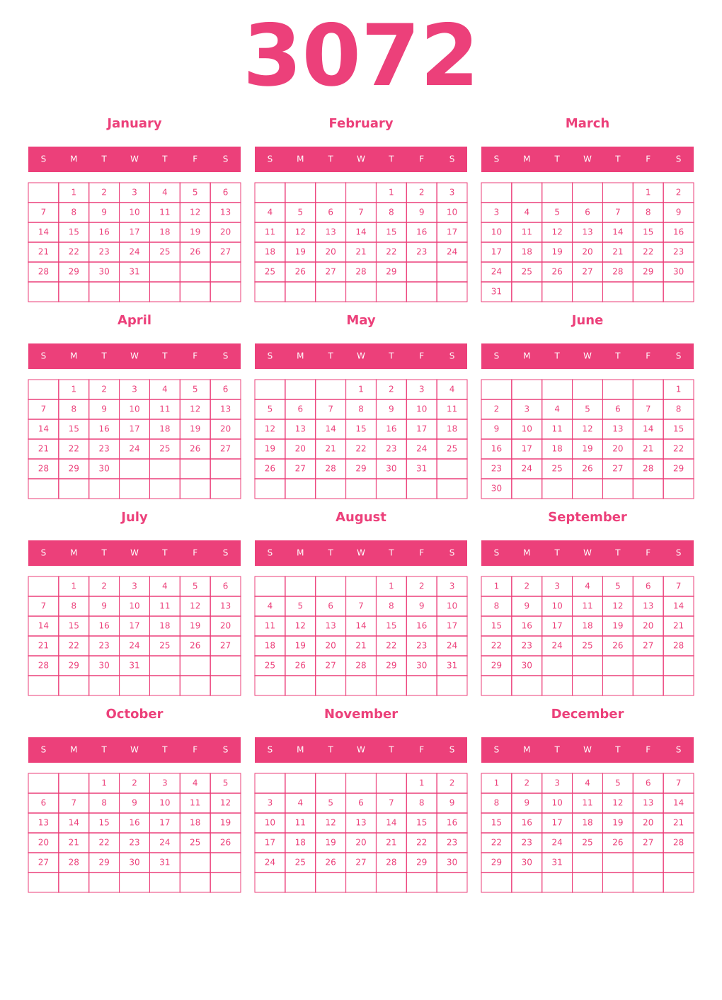 Printable 3072 Year Calendars pink