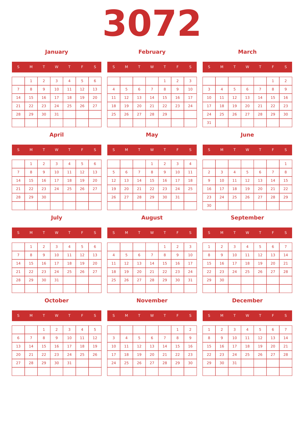 Printable 3072 Year Calendars red