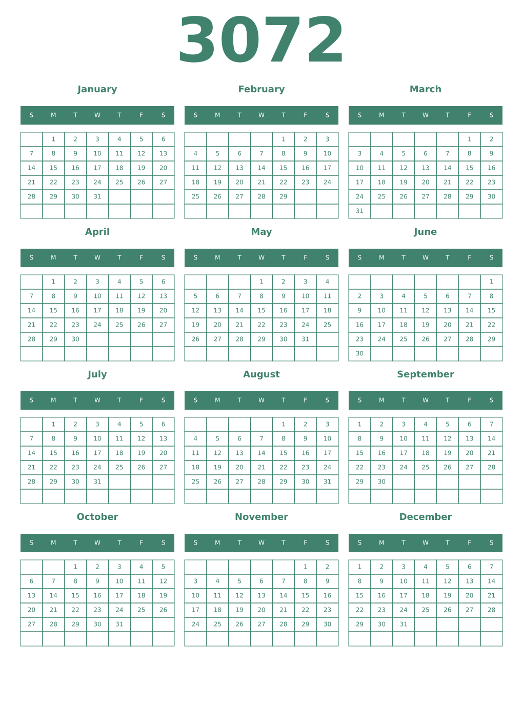 Printable 3072 Year Calendars viridian