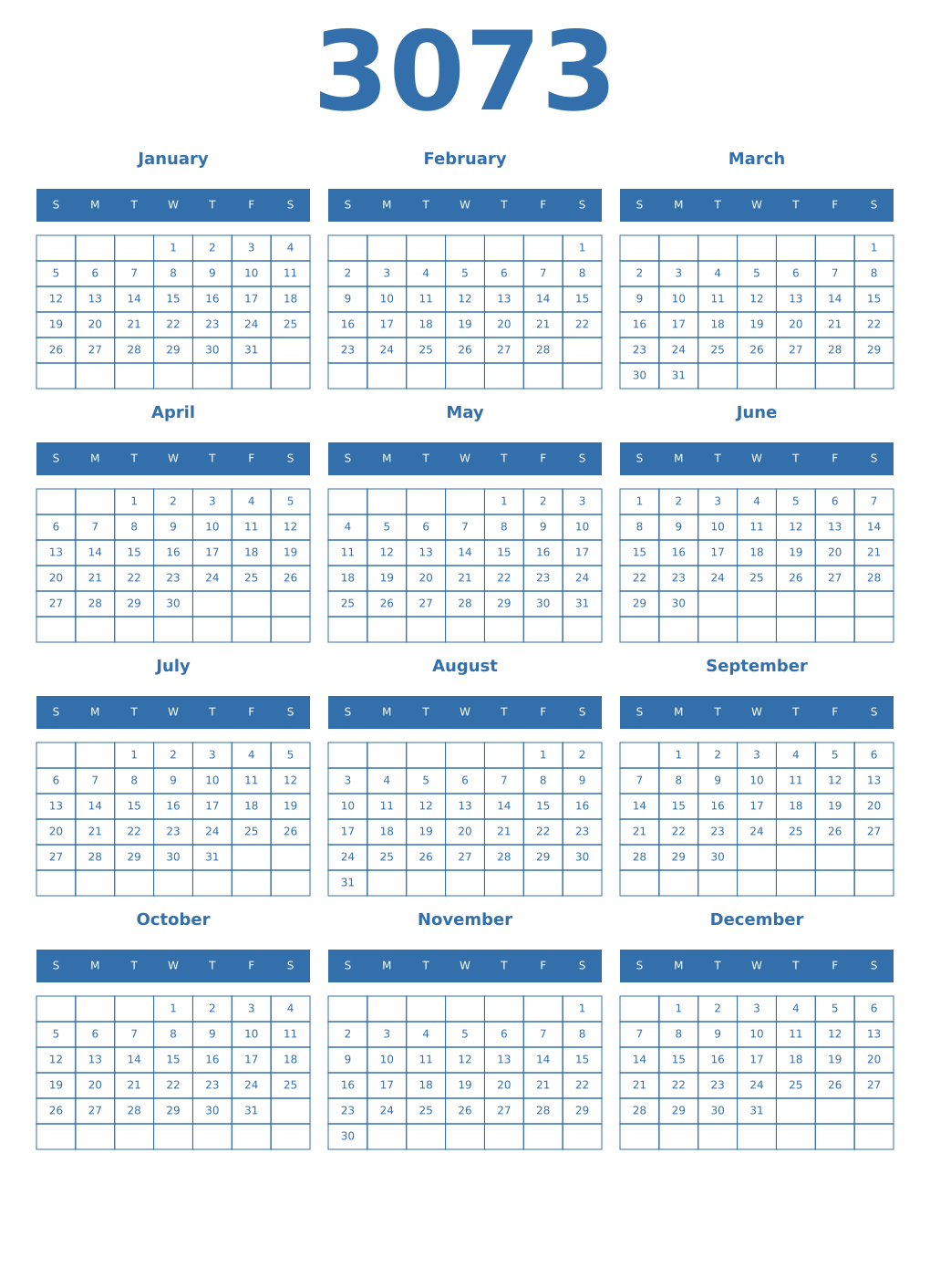 Printable 3073 Year Calendars blue