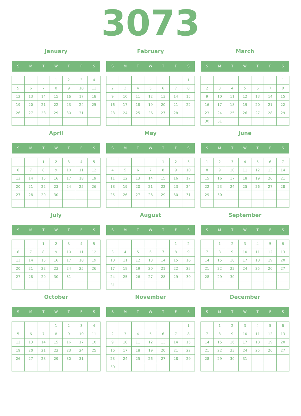 Printable 3073 Year Calendars celadon