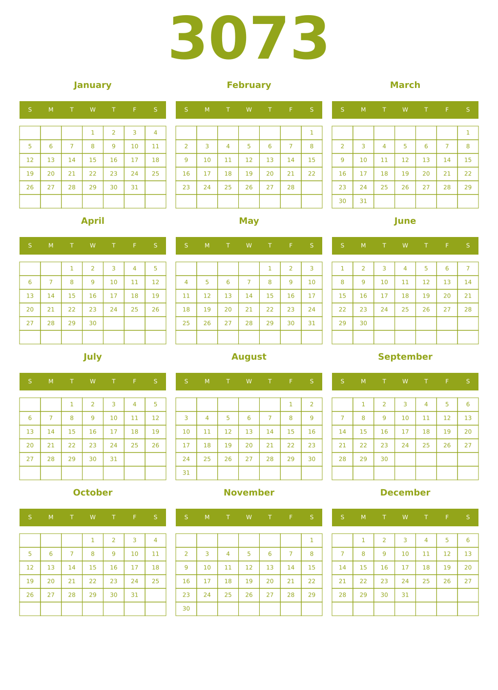 Printable 3073 Year Calendars chartreuse