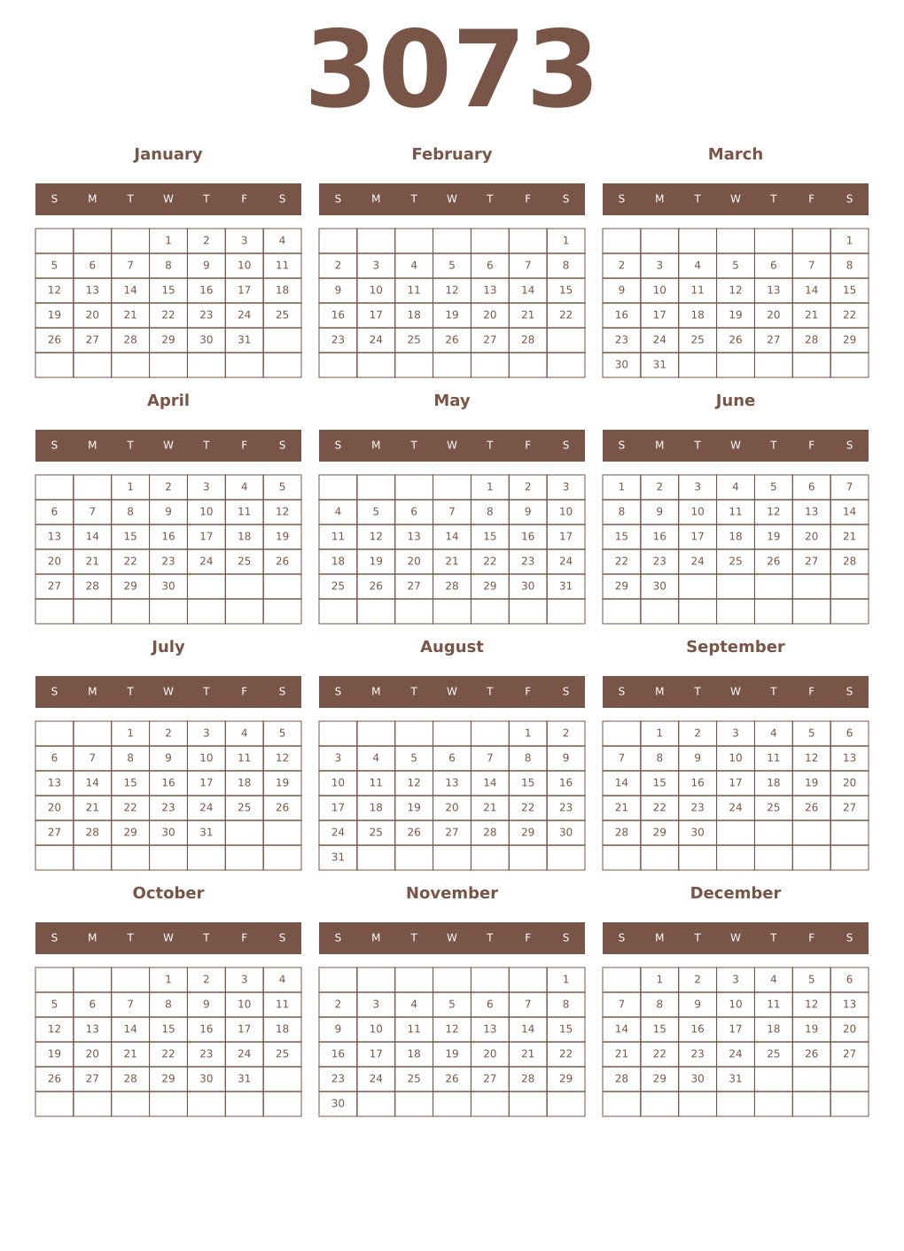 Printable 3073 Year Calendars coffe