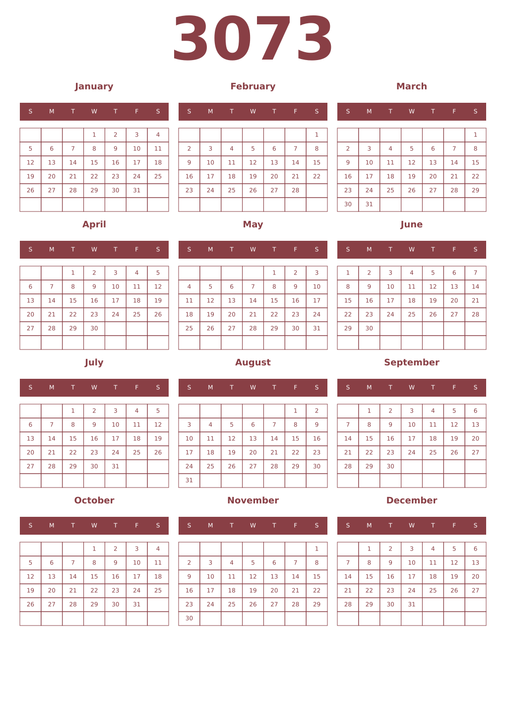 Printable 3073 Year Calendars cordovan