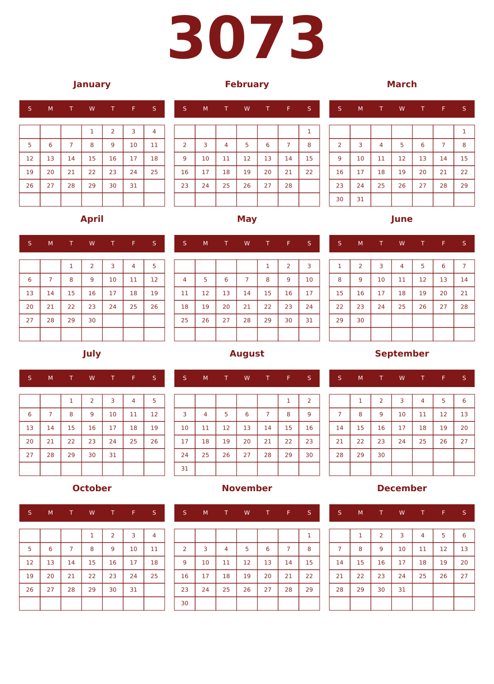 Printable 3073 Year Calendars falu