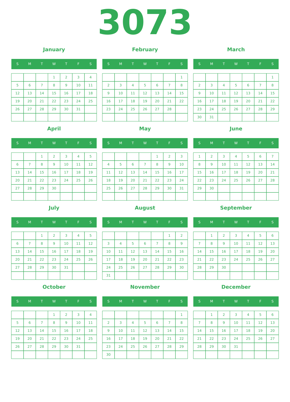 Printable 3073 Year Calendars green