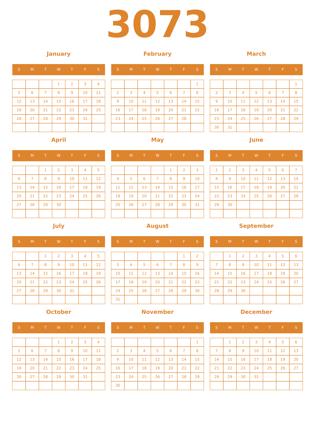 Printable 3073 Year Calendars orange