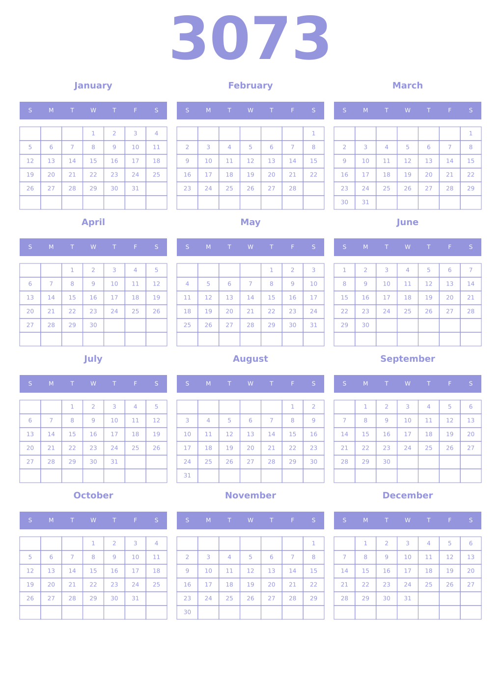 Printable 3073 Year Calendars periwinkle
