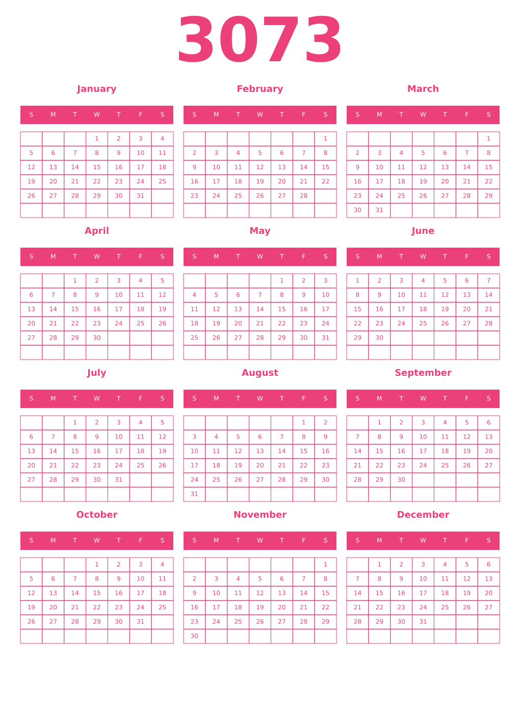 Printable 3073 Year Calendars pink