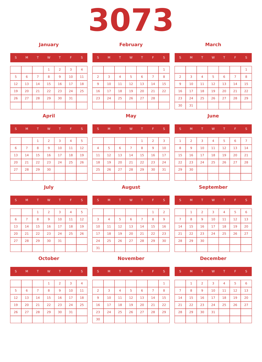 Printable 3073 Year Calendars red