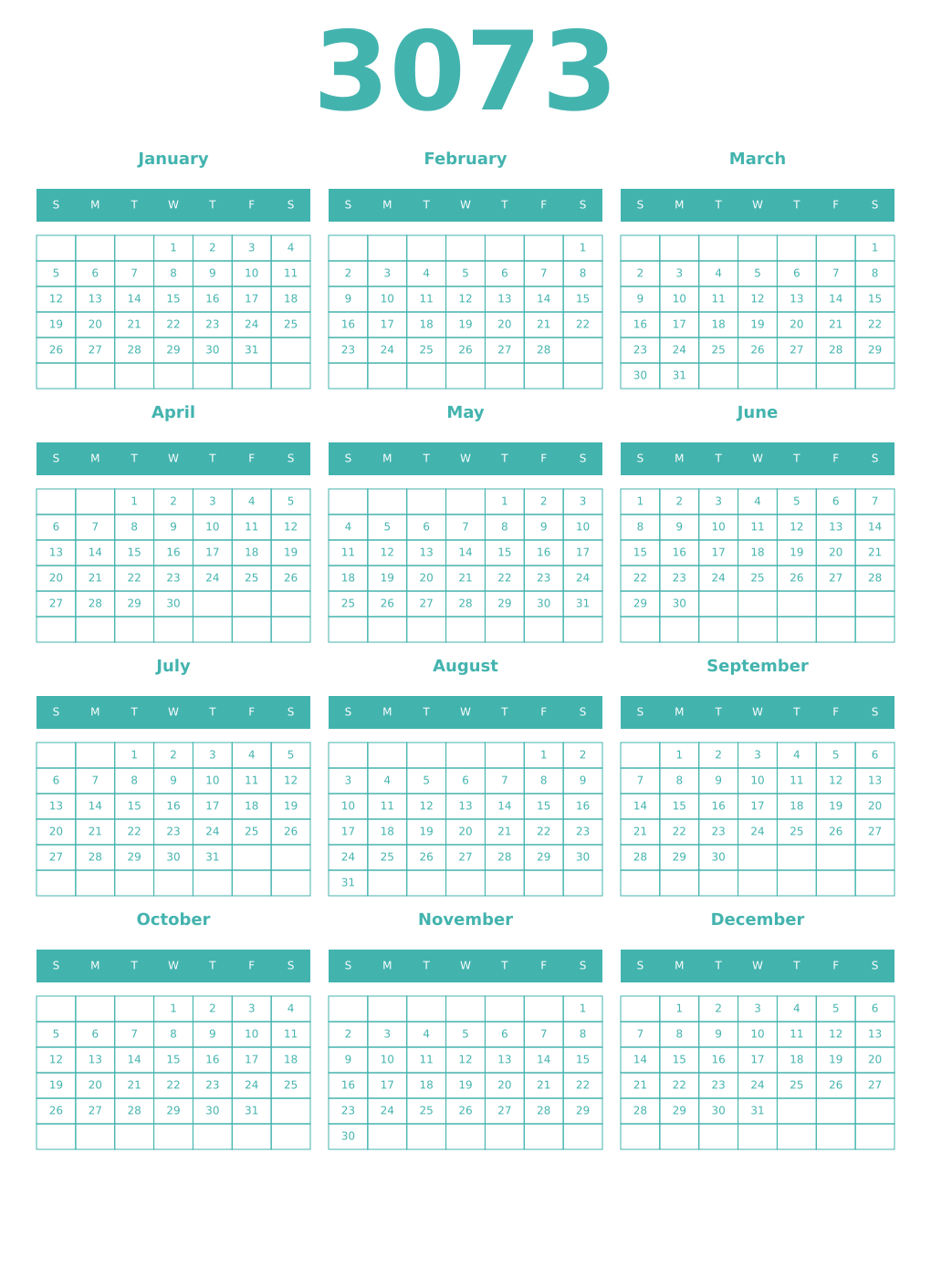 Printable 3073 Year Calendars verdigris