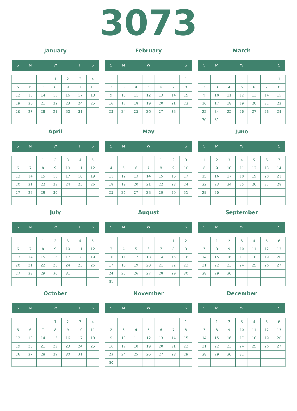 Printable 3073 Year Calendars viridian