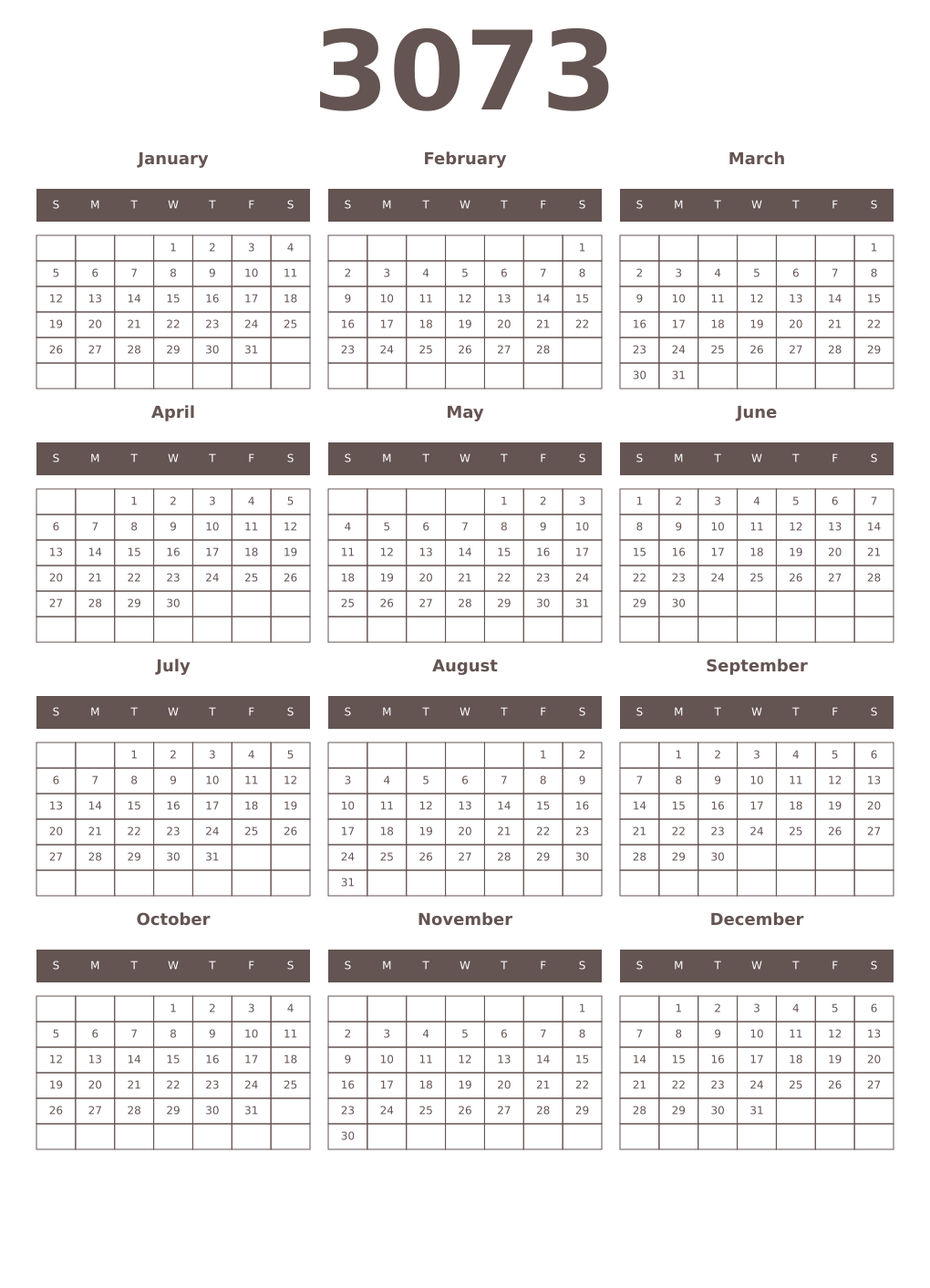 Printable 3073 Year Calendars wenge