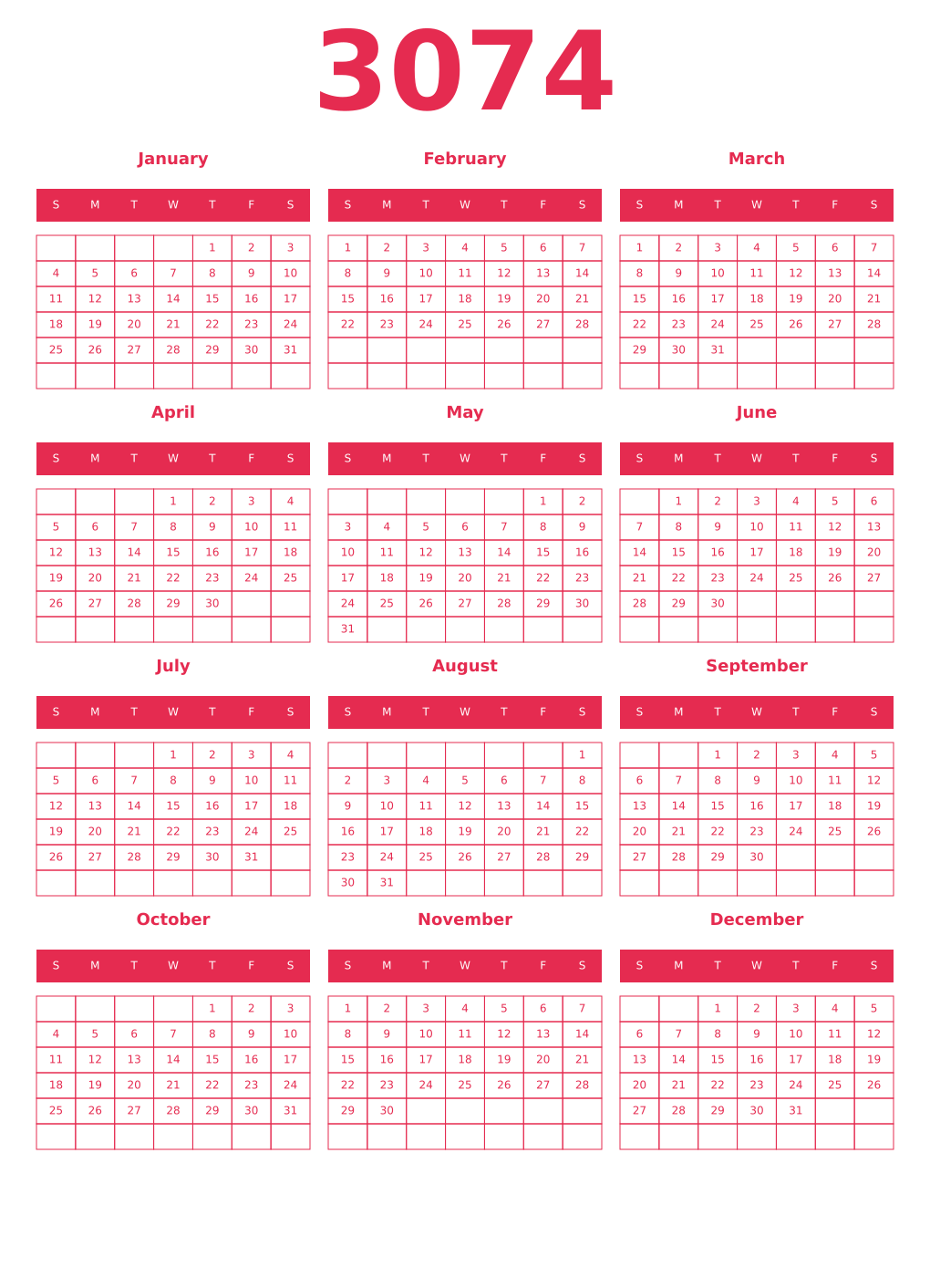 Printable 3074 Year Calendars amaranth