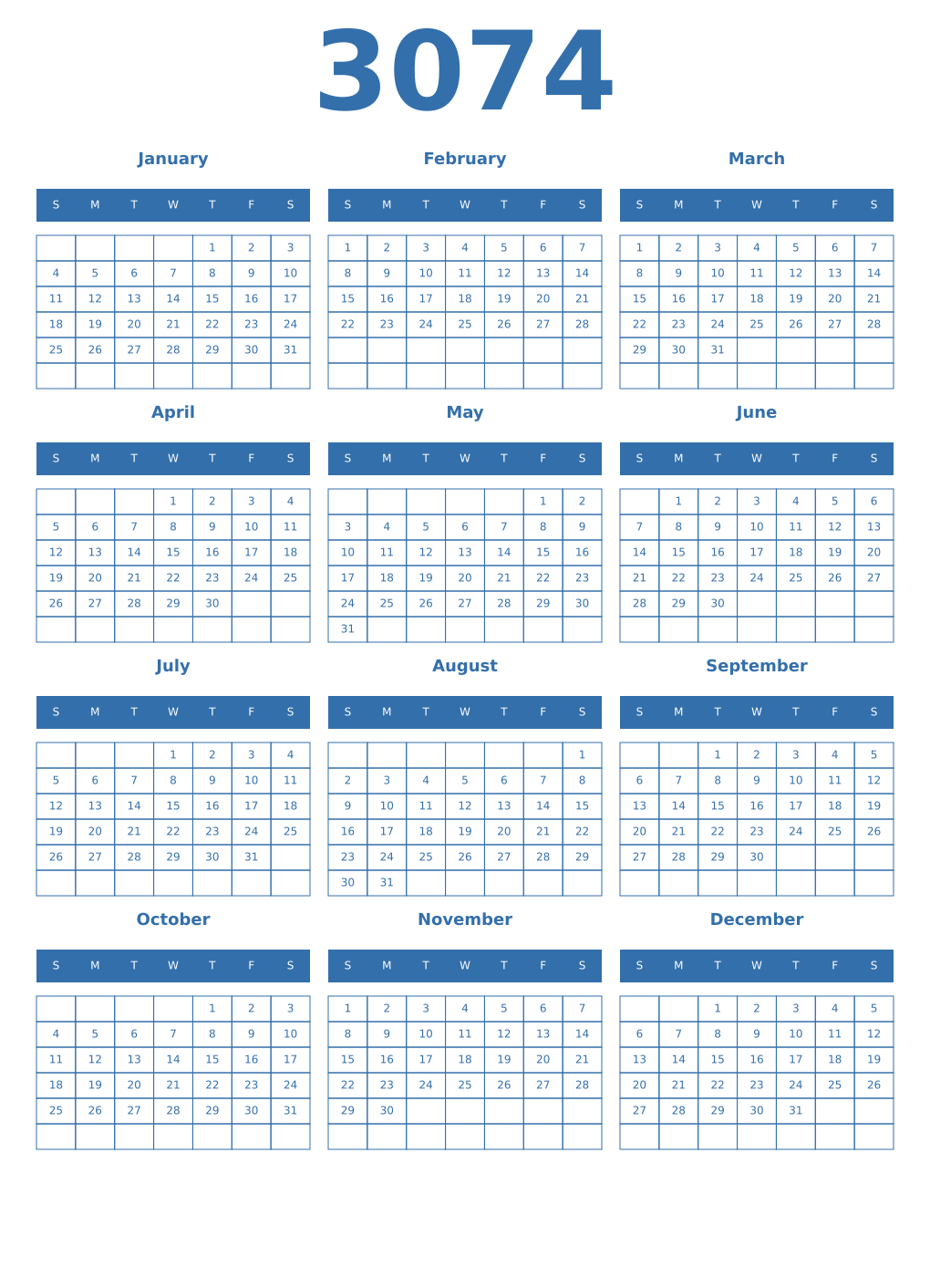 Printable 3074 Year Calendars blue