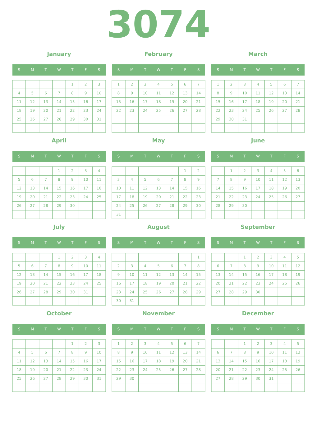 Printable 3074 Year Calendars celadon